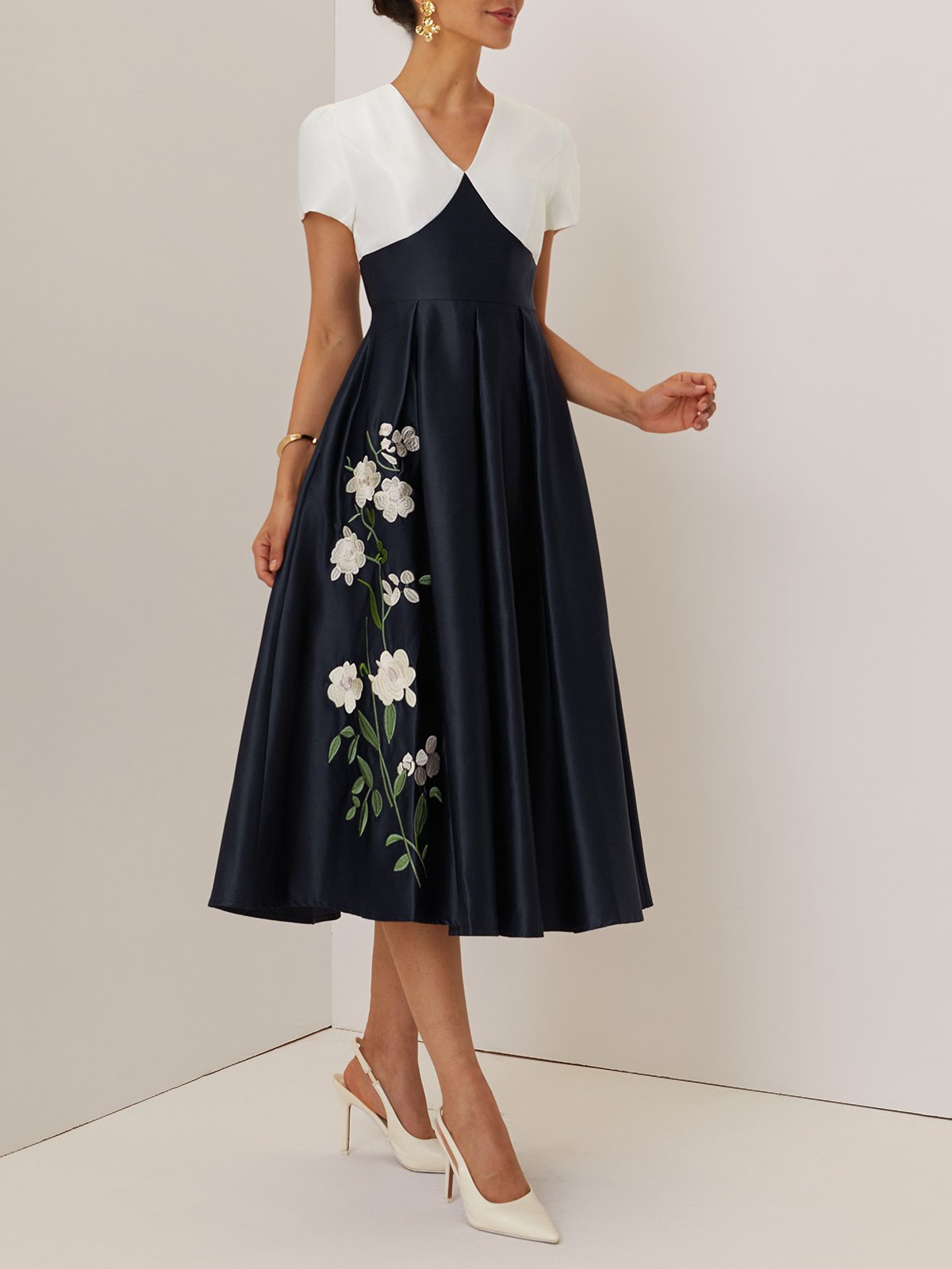 Navy Blue Embroidery Floral Satin V Neck Short Sleeve A-Line Midi Dress