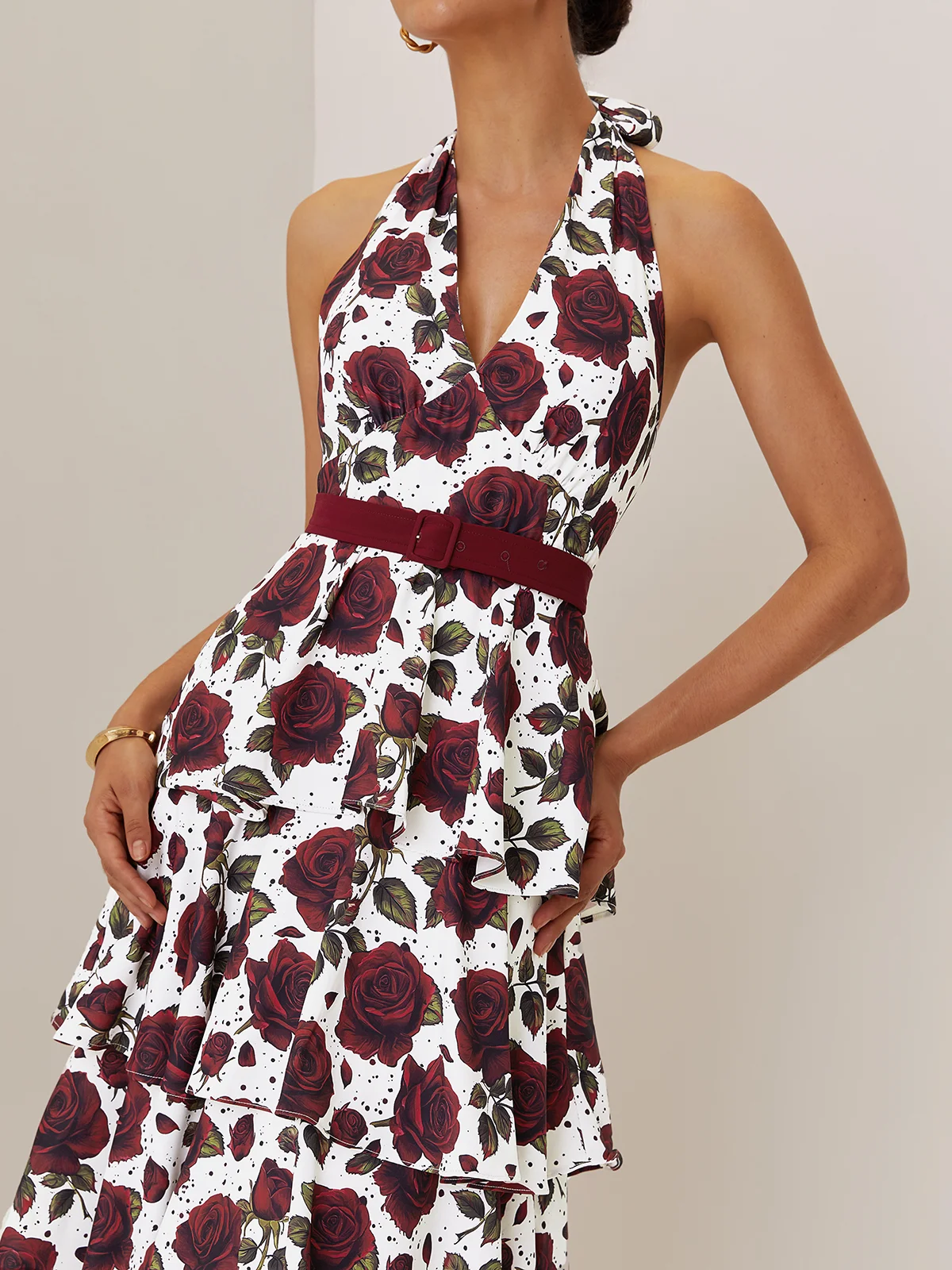 Wine Red Floral Peplum Classic Halter Sleeveless A-Line Maxi Dress