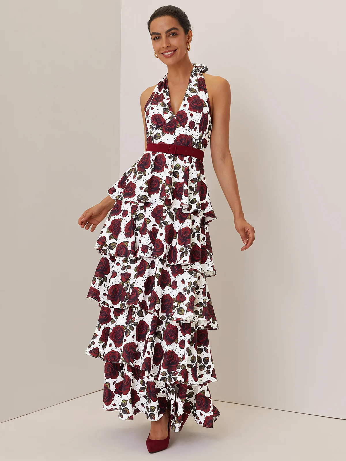 Wine Red Floral Peplum Classic Halter Sleeveless A-Line Maxi Dress