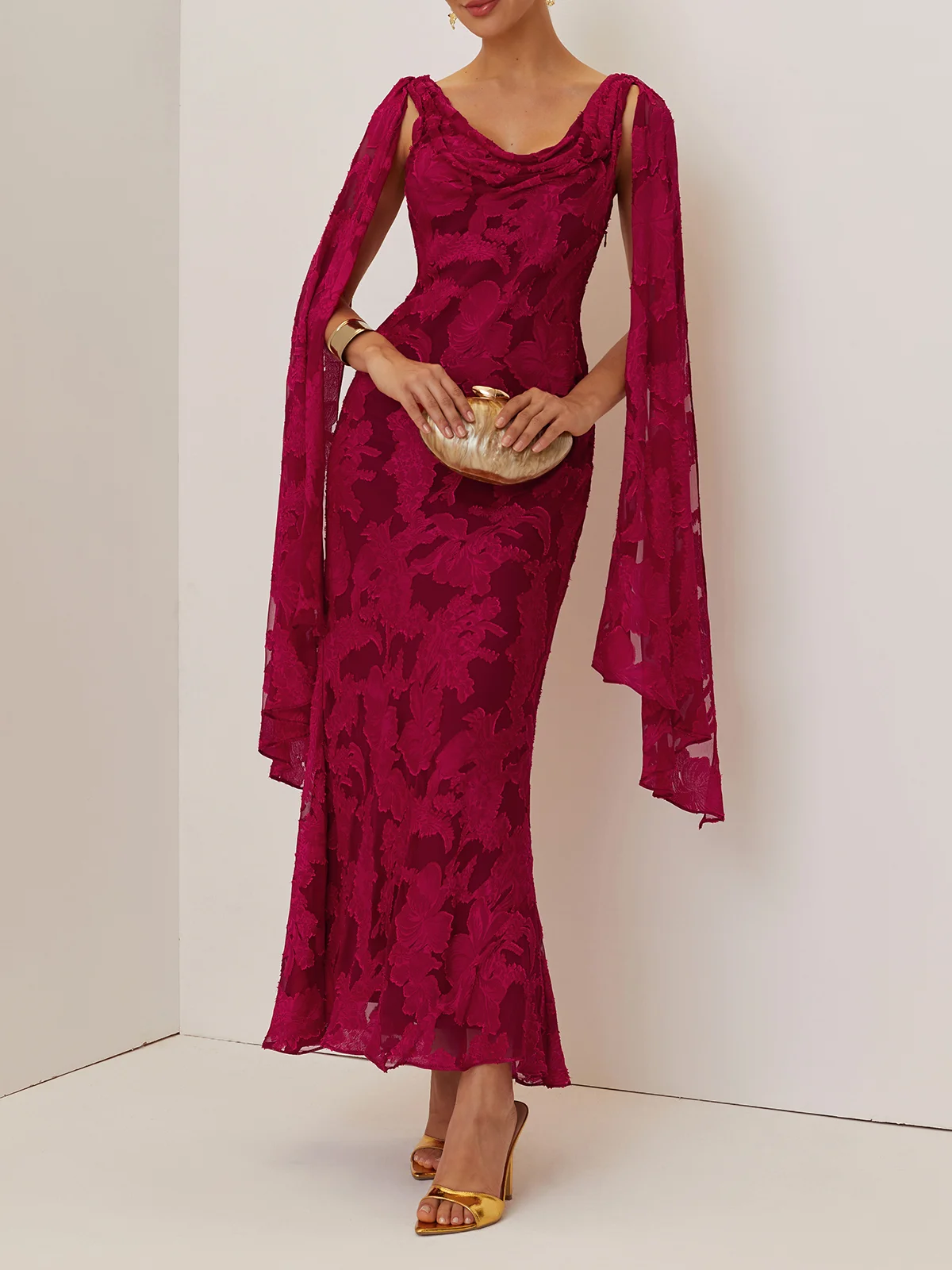 Red Classic Chiffon Floral Cowl Neck Extra-long Sleeve Sheath Midi Dress