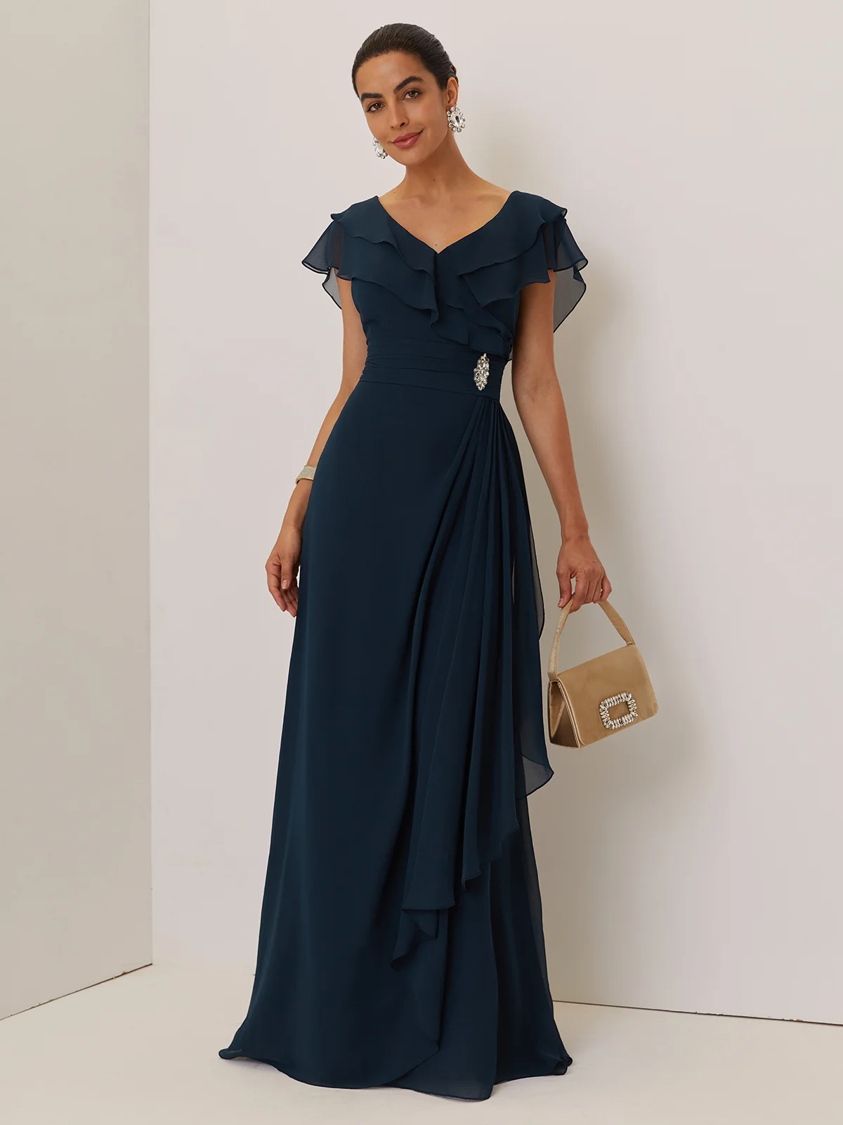 Purplish blue Ruffled Rhinestones Chiffon V Neck Short Sleeve A-Line Maxi Mother of the Bride or Groom Dress