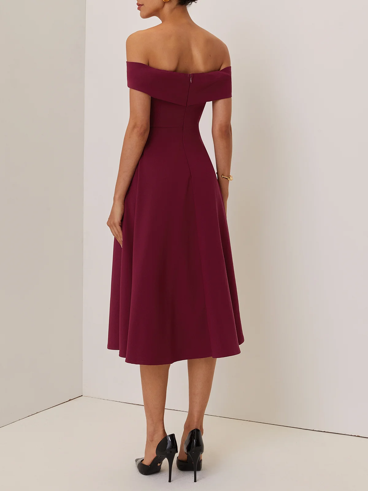 Wine Red Cross Classic Off The Shoulder Short Sleeve A-Line Midi Dress