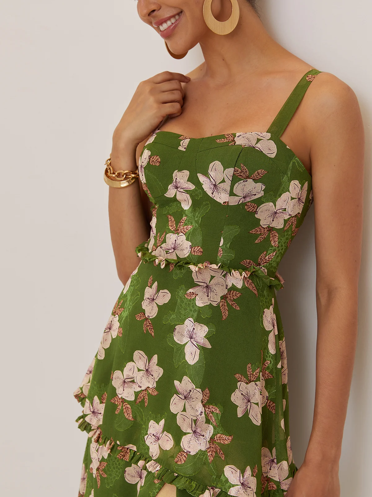 Green Jacquard Classic Spaghetti Chiffon Floral Sleeveless A-Line Maxi Dress