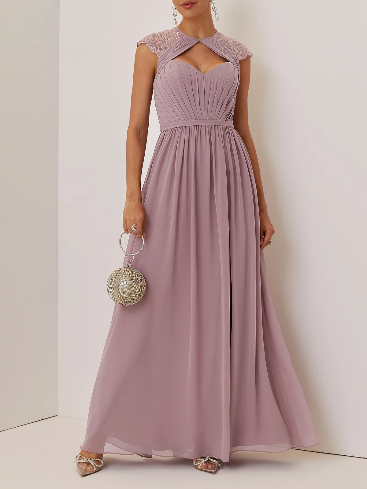 Pink Ruched Lace Chiffon Crew Neck Cap Sleeve A-Line Maxi Dress