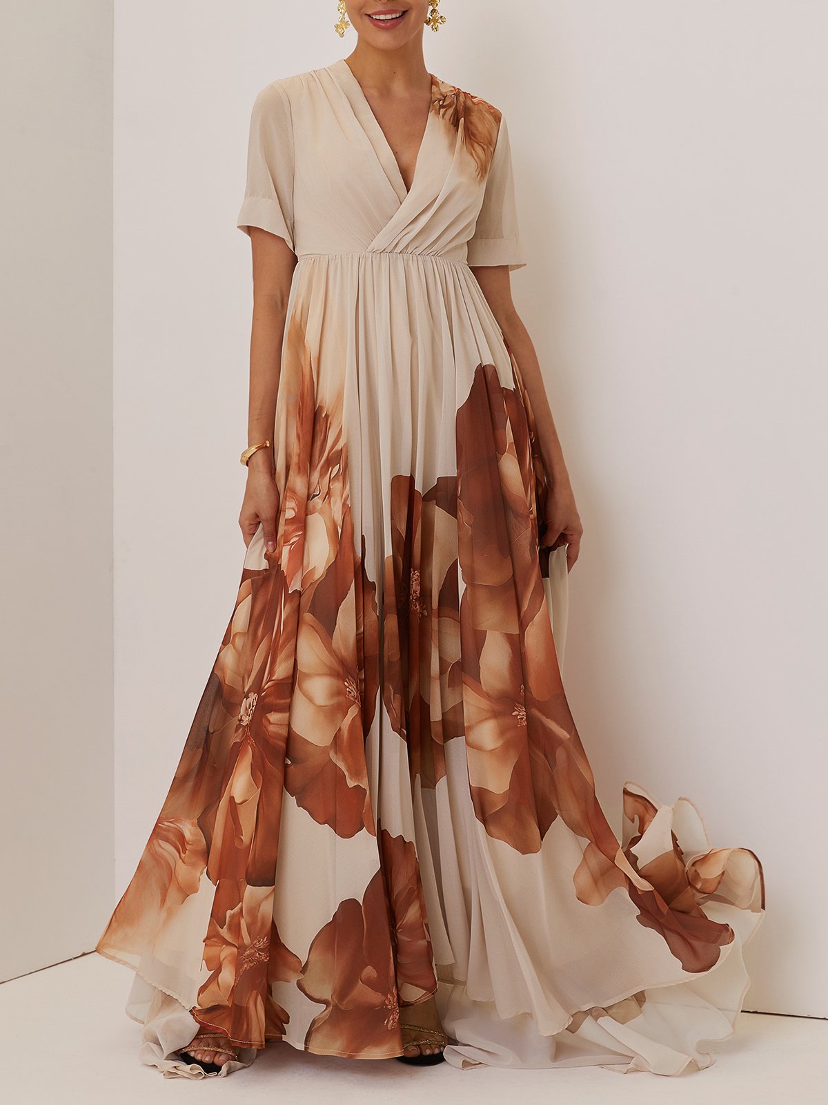 Beige Floral Ruched Chiffon V Neck Short Sleeve A-Line Gown Dress