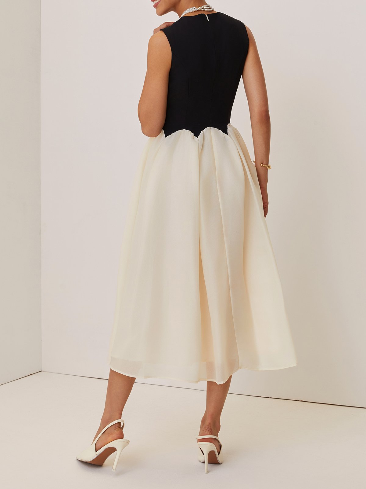 Black Split Joint Classic Crew Neck Sleeveless A-Line Midi Dress
