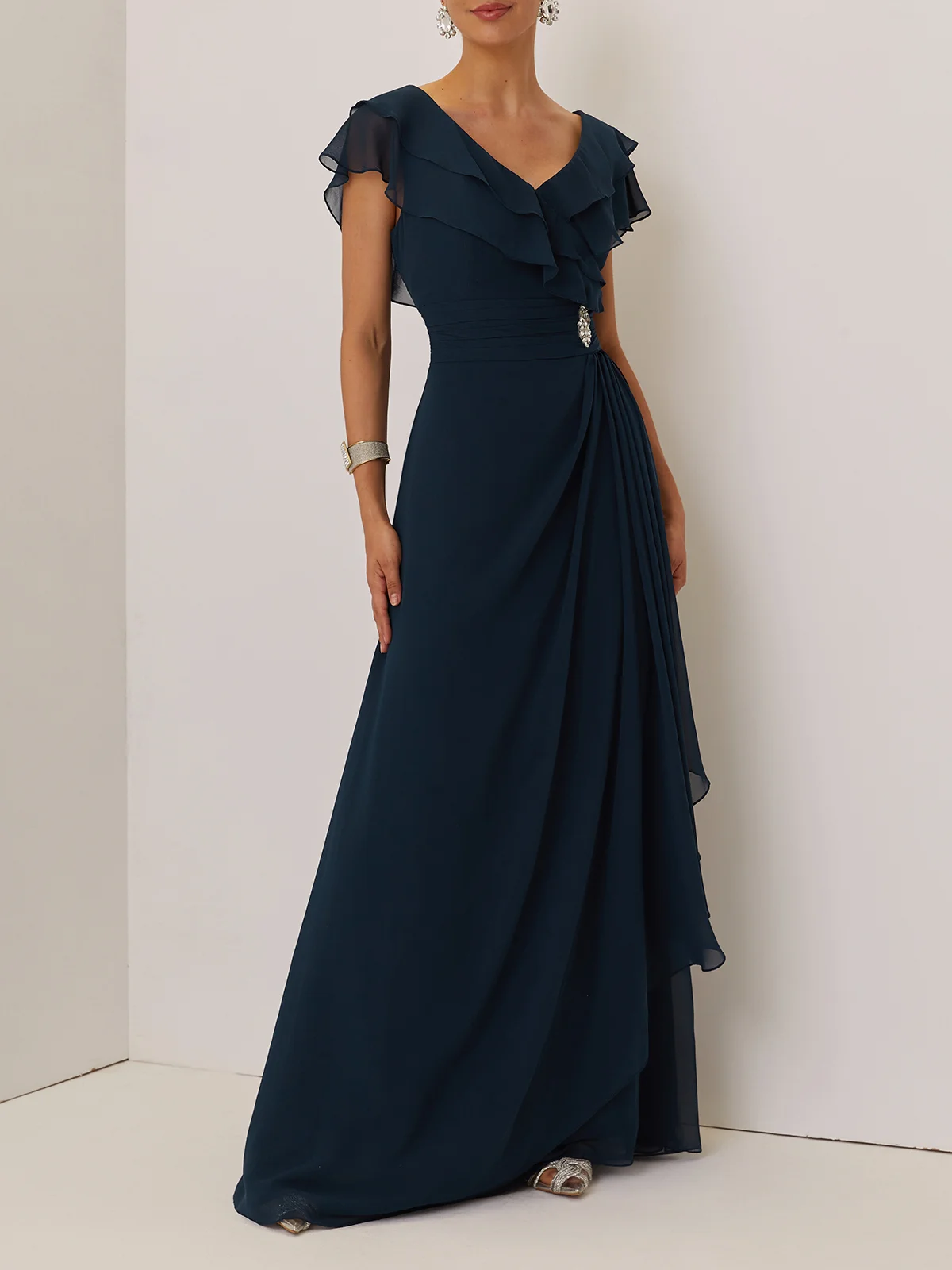Purplish blue Ruffled Rhinestones Chiffon V Neck Short Sleeve A-Line Maxi Mother of the Bride or Groom Dress