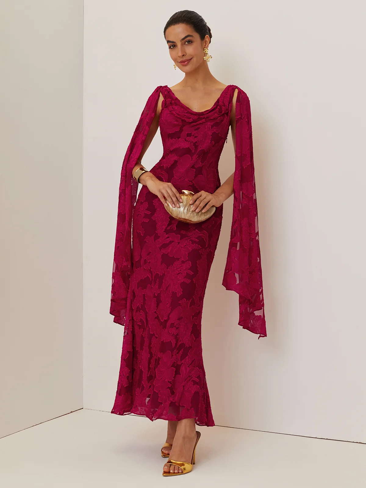 Red Classic Chiffon Floral Cowl Neck Extra-long Sleeve Sheath Midi Dress