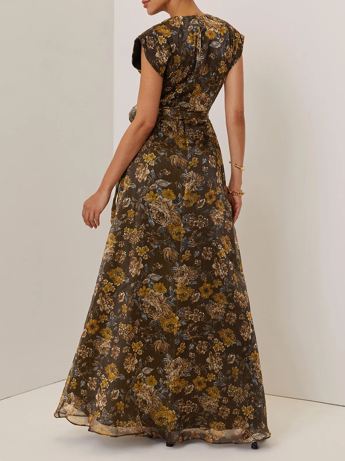 Brown Wrap Dress V Neck Chiffon Floral Sleeveless A-Line Maxi Dress