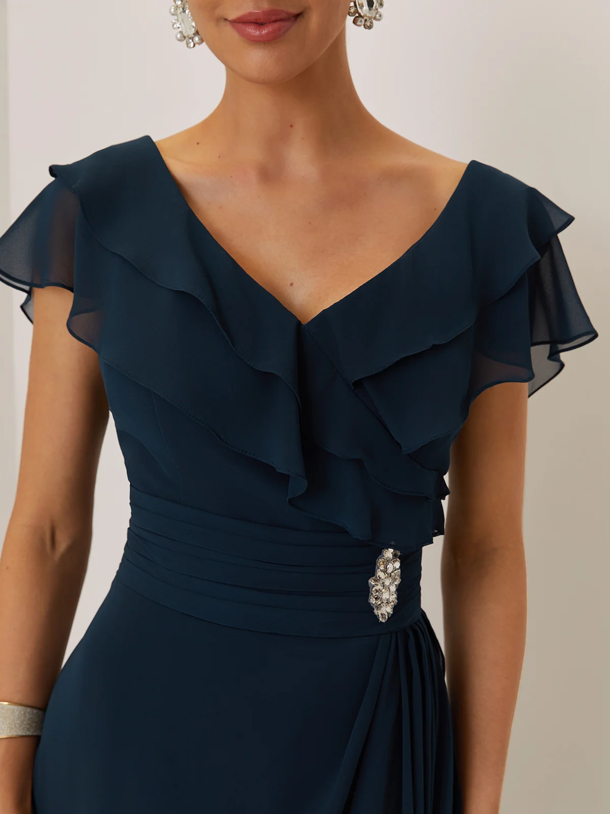Purplish blue Ruffled Rhinestones Chiffon V Neck Short Sleeve A-Line Maxi Mother of the Bride or Groom Dress