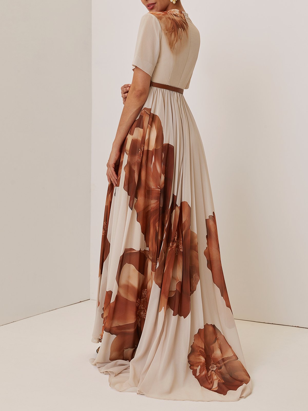 Beige Floral Ruched Chiffon V Neck Short Sleeve A-Line Gown Dress