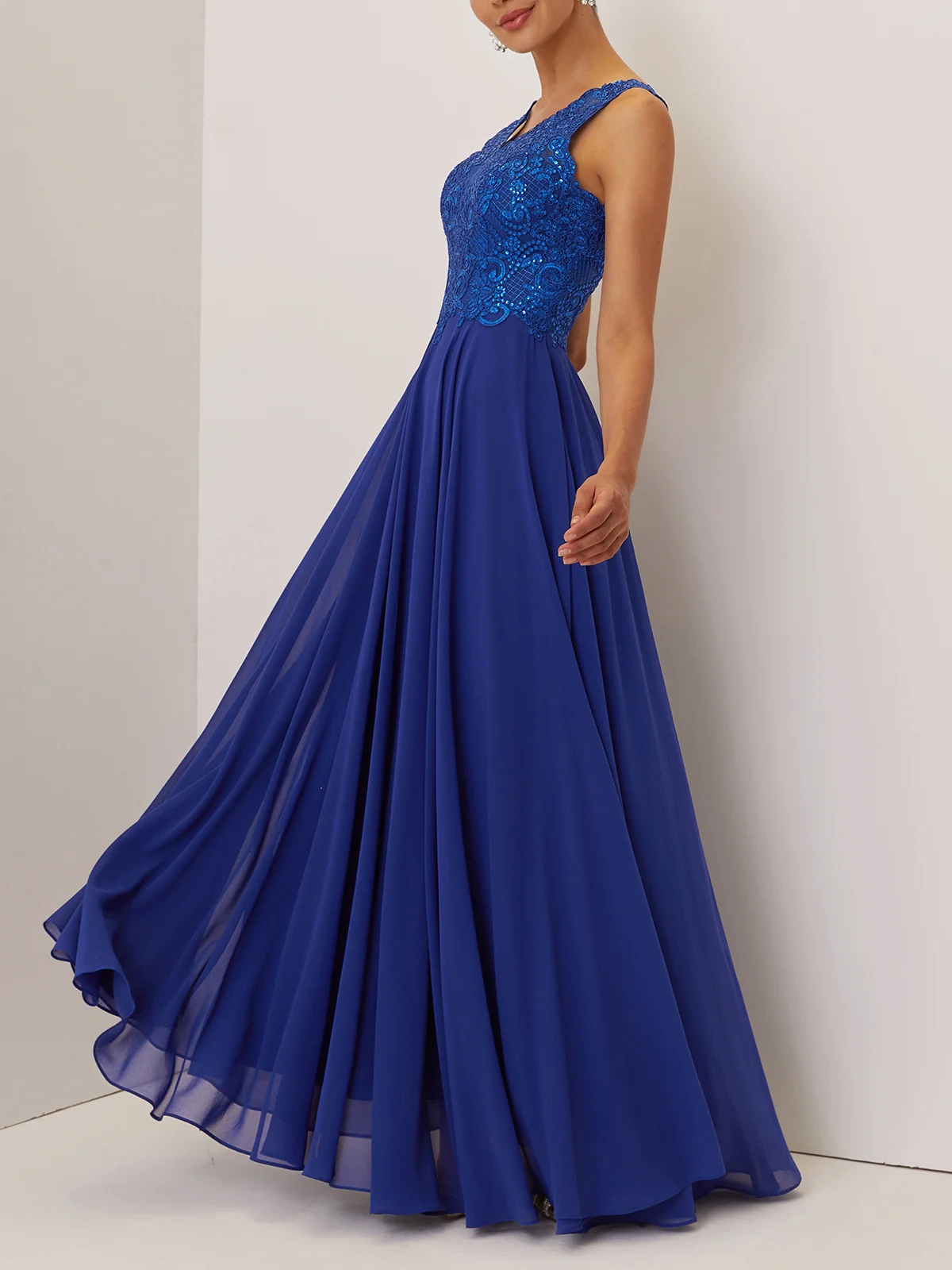 Blue Glitter Chiffon V Neck Sleeveless A-Line Maxi Dress
