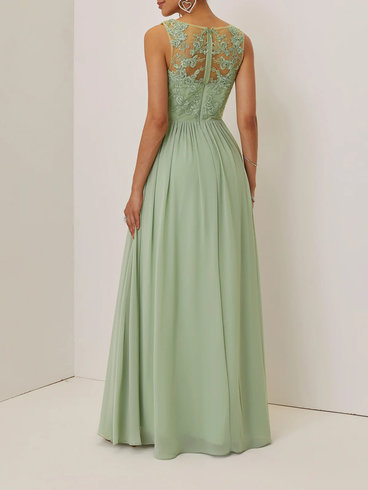 Lightgreen Lace Ruched Chiffon V Neck Sleeveless A-Line Maxi Dress