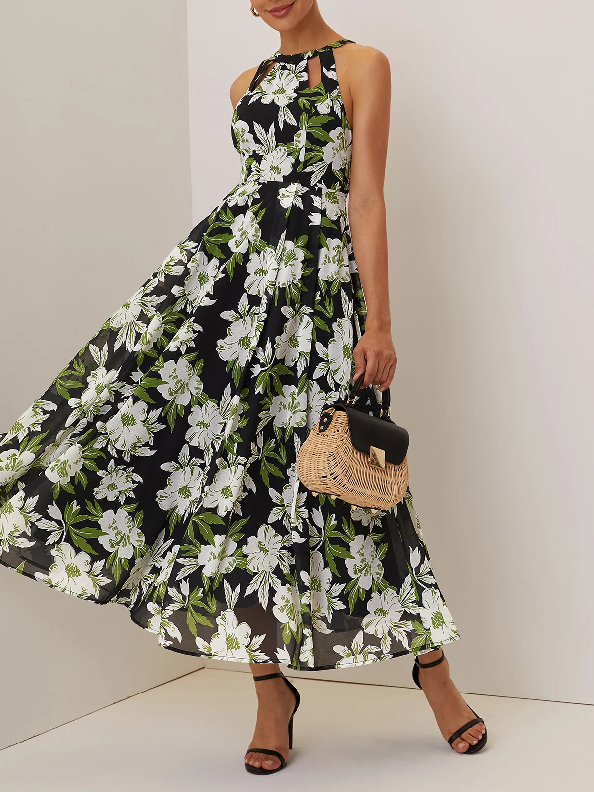 Green Floral Hollow Out Chiffon Crew Neck Sleeveless A-Line Maxi Dress