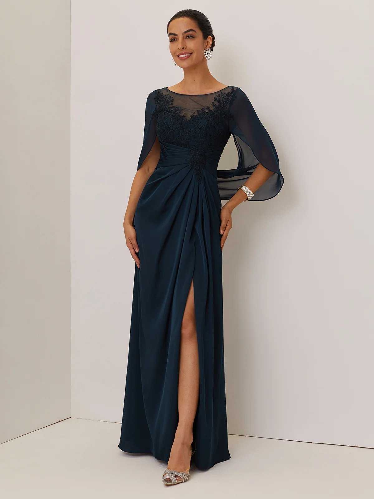 Purplish blue Lace Ruched Prom Dress Boat Neck Short Sleeve A-Line Maxi Dress