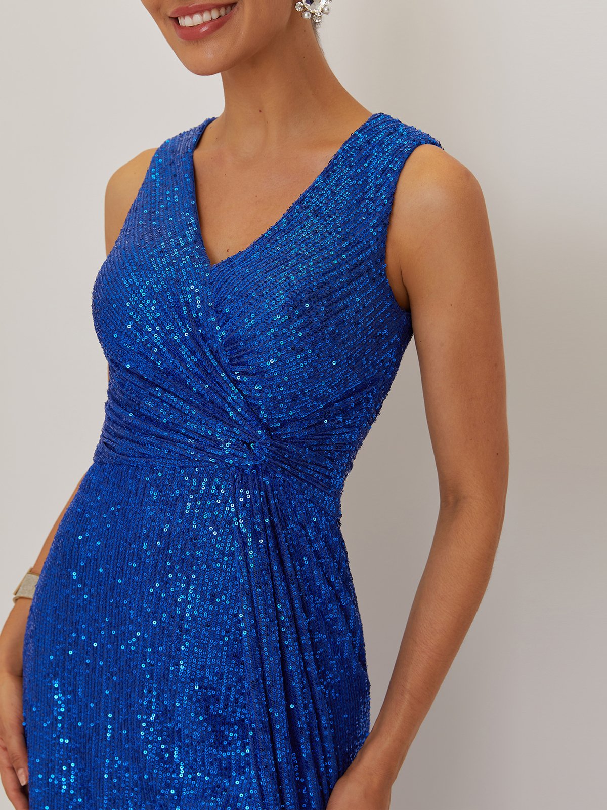 Blue Ruched Prom Dress V Neck Gallus A-Line Maxi Dress