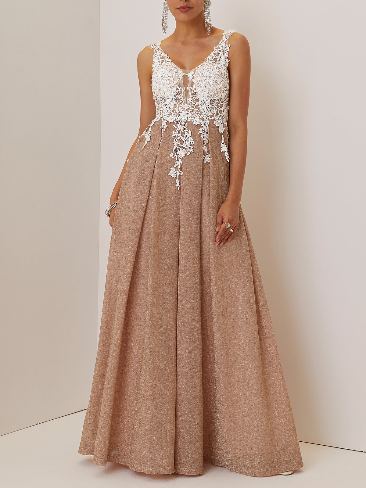 Apricot Lace Pleated Prom Dress V Neck Sleeveless A-Line Maxi Dress