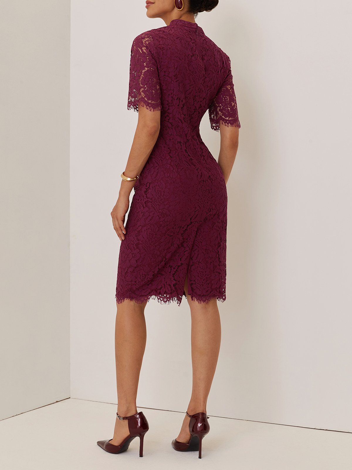 Wine Red Lace Prom Dress Crew Neck Half Sleeve A-Line Midi Dress
