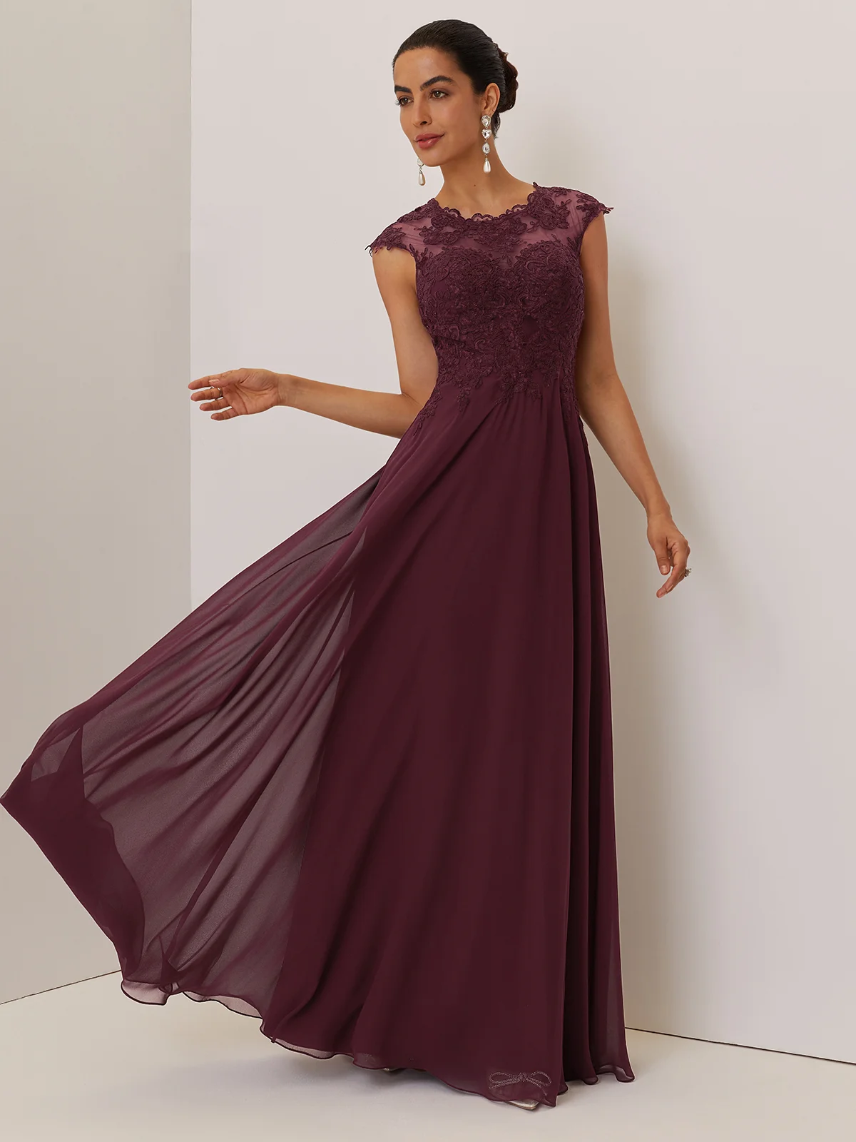 Wine Red Lace Chiffon Crew Neck Cap Sleeve A-Line Maxi Dress