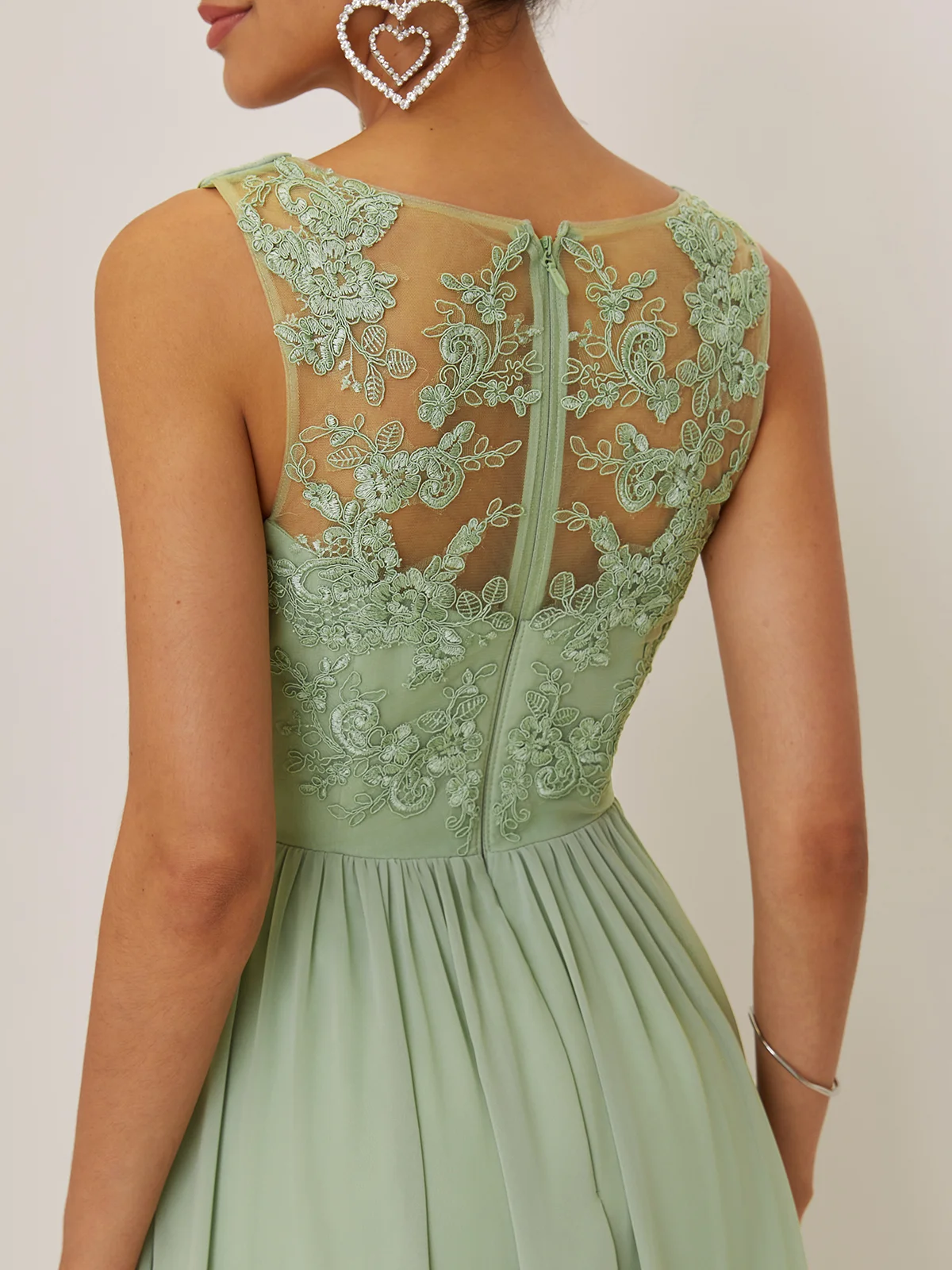 Lightgreen Lace Ruched Chiffon V Neck Sleeveless A-Line Maxi Dress
