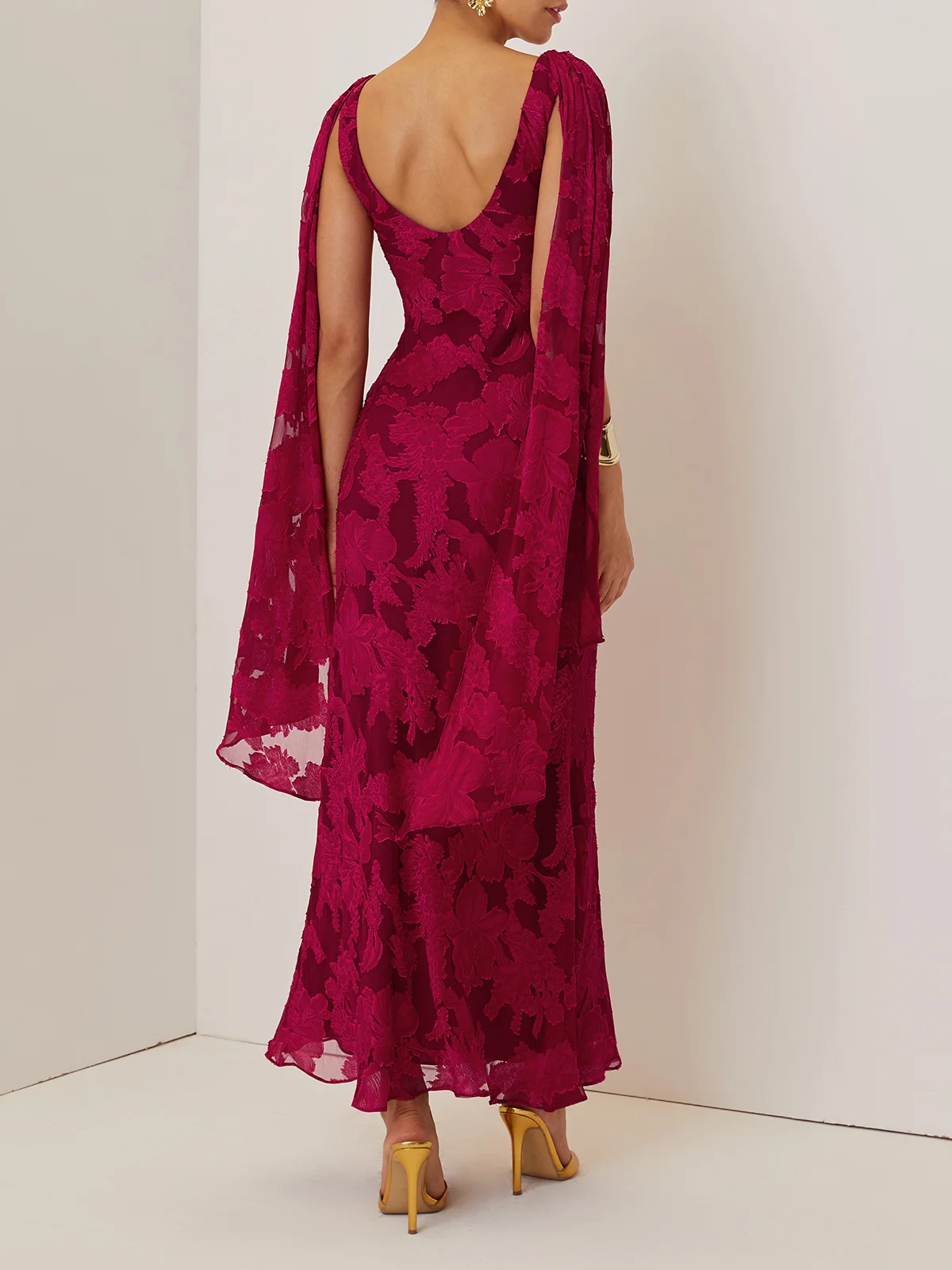 Red Classic Chiffon Floral Cowl Neck Extra-long Sleeve Sheath Midi Dress