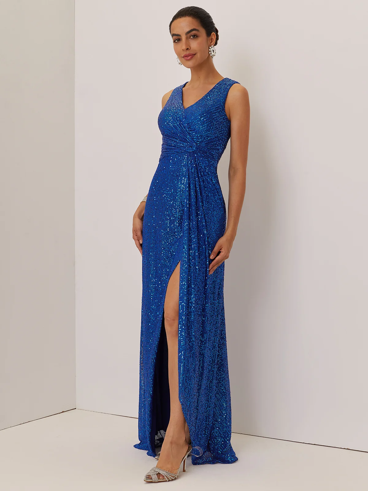 Blue Ruched Prom Dress V Neck Gallus A-Line Maxi Dress