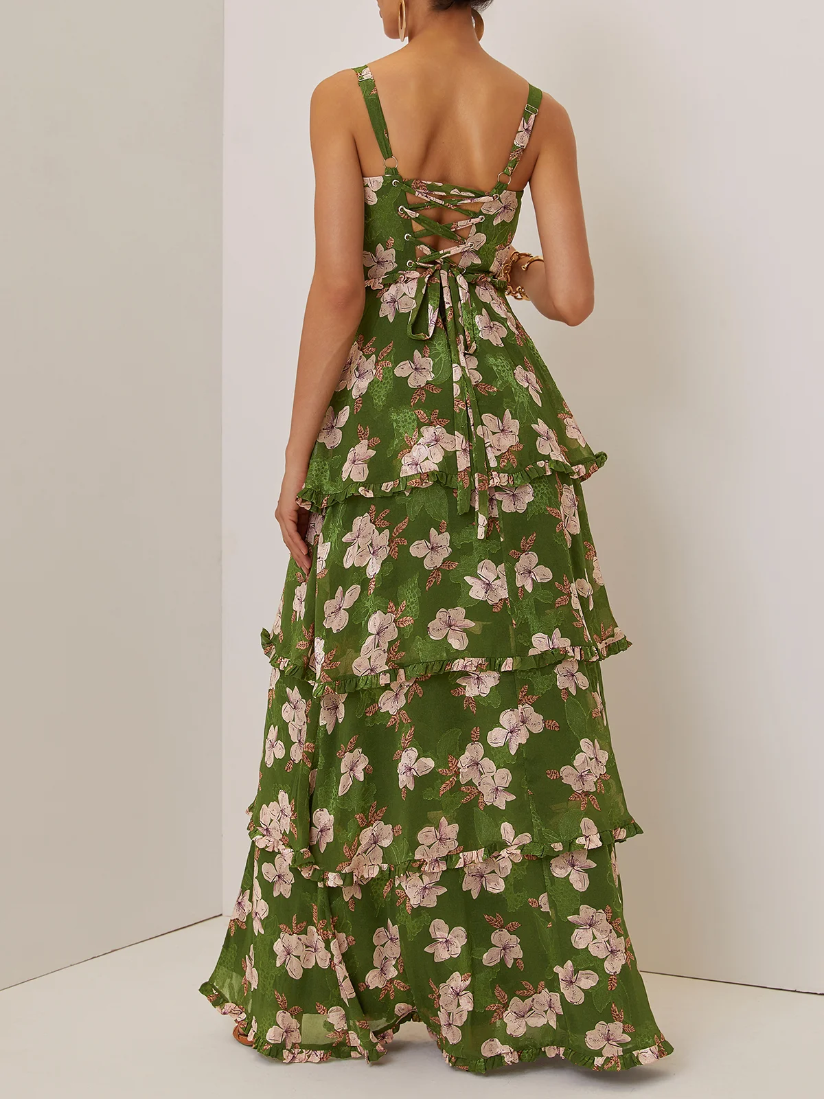 Green Jacquard Classic Spaghetti Chiffon Floral Sleeveless A-Line Maxi Dress