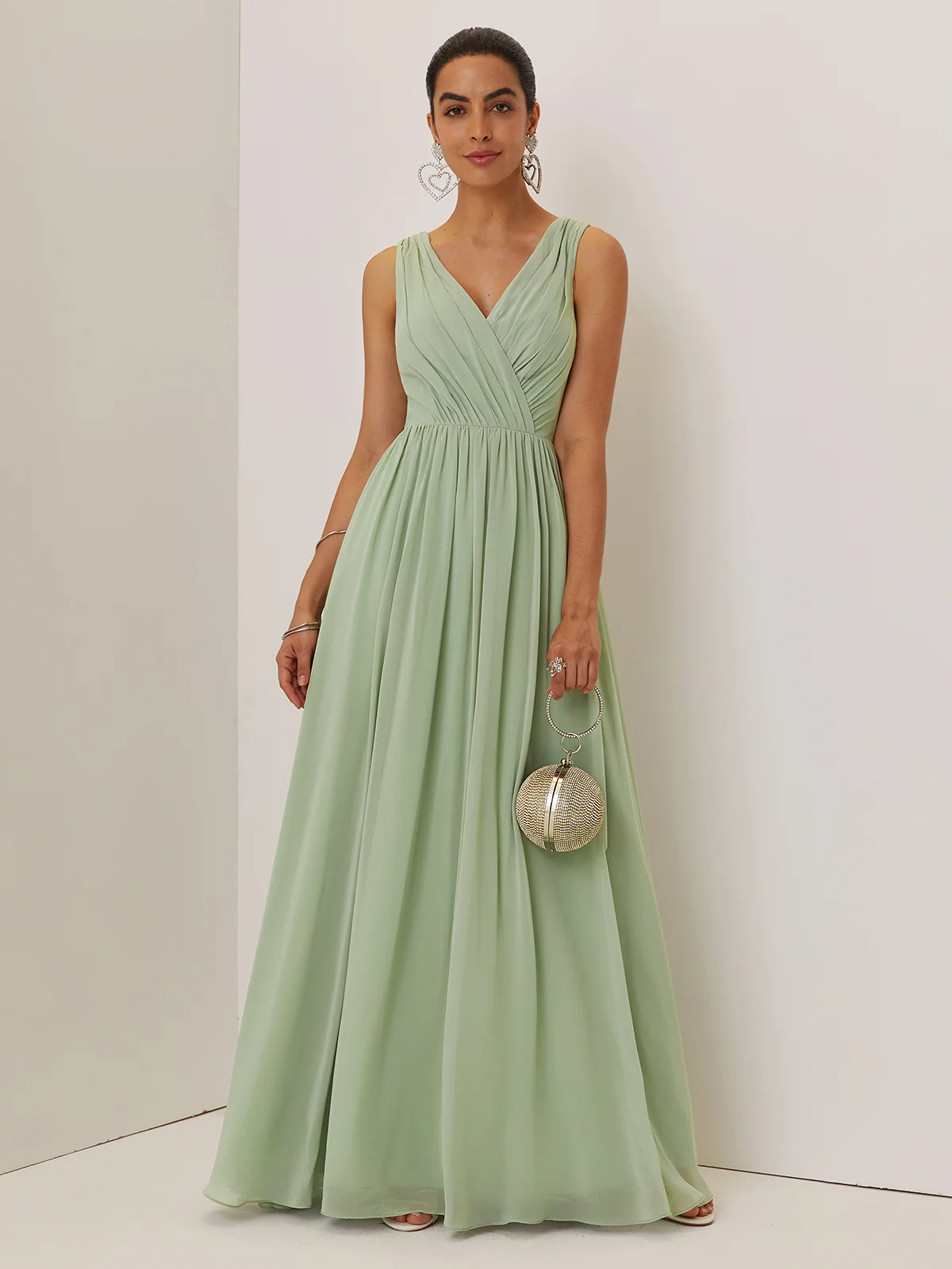 Lightgreen Lace Ruched Chiffon V Neck Sleeveless A-Line Maxi Dress