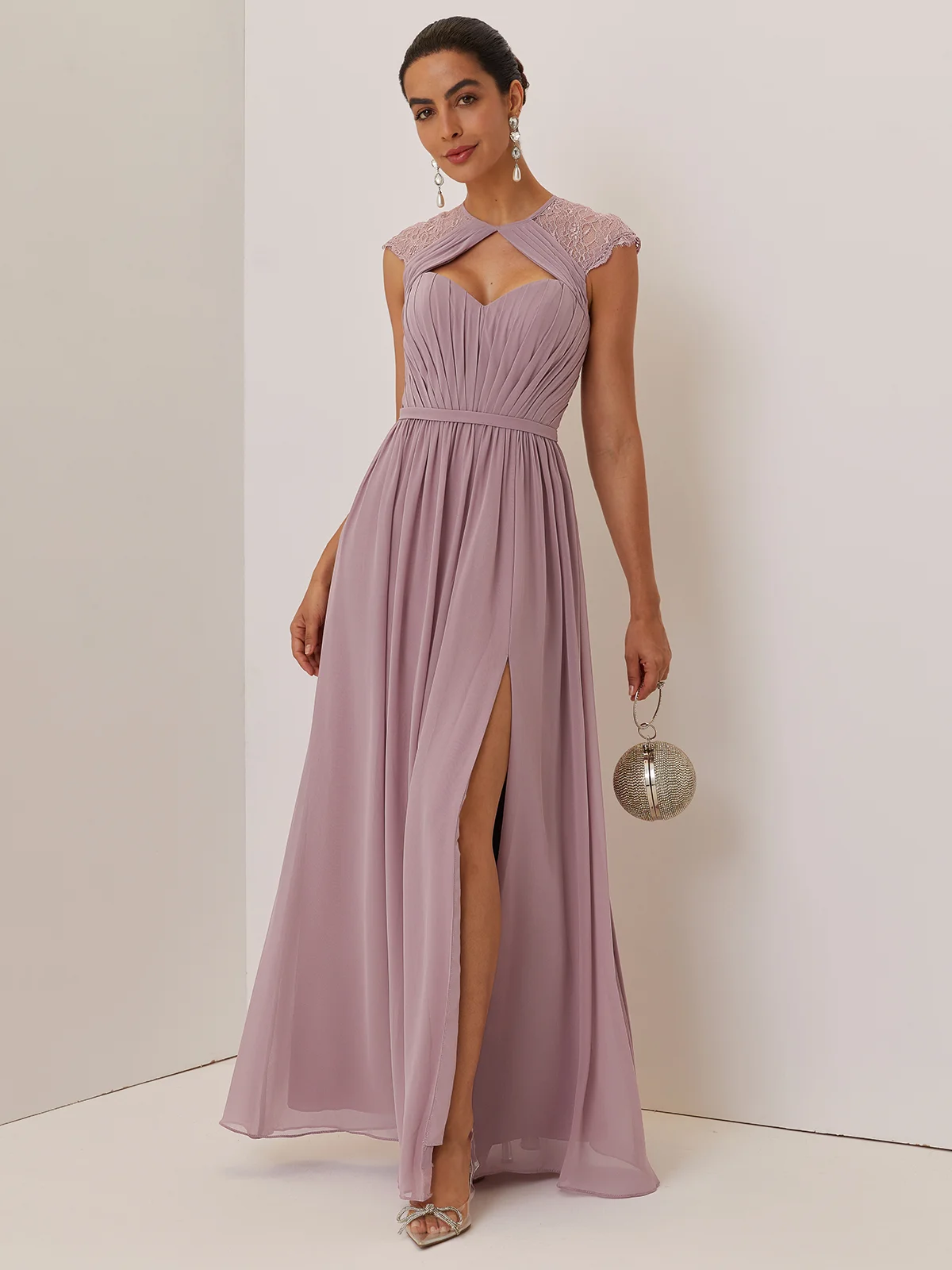 Pink Ruched Lace Chiffon Crew Neck Cap Sleeve A-Line Maxi Dress