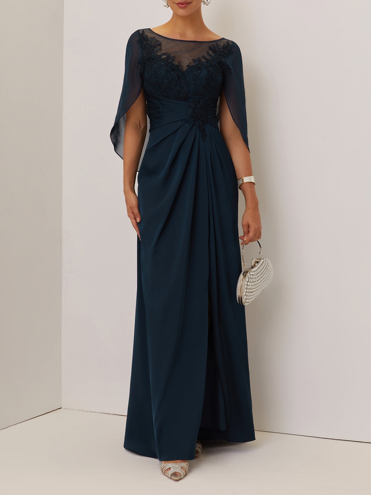 Purplish blue Lace Ruched Prom Dress Boat Neck Short Sleeve A-Line Maxi Dress
