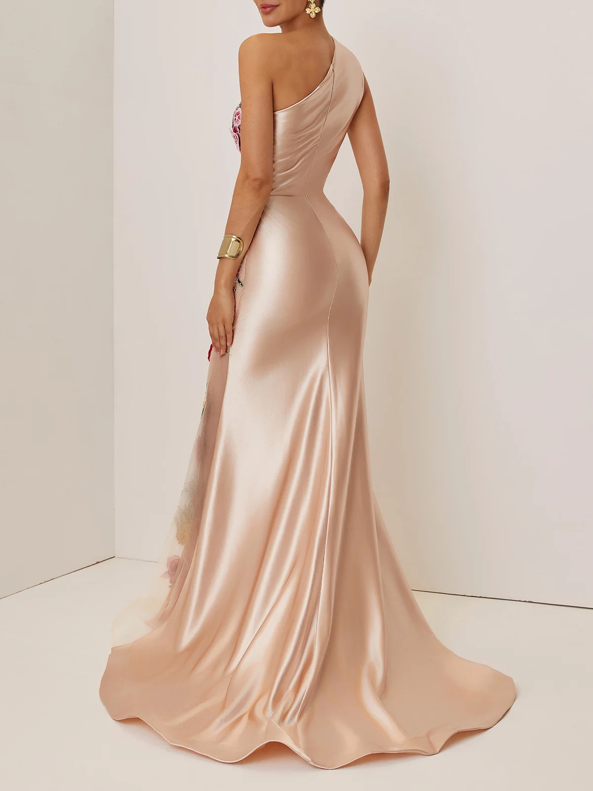 Champagne Applique Embroidery Prom Dress One Shoulder Sleeveless Mermaid Gown Dress