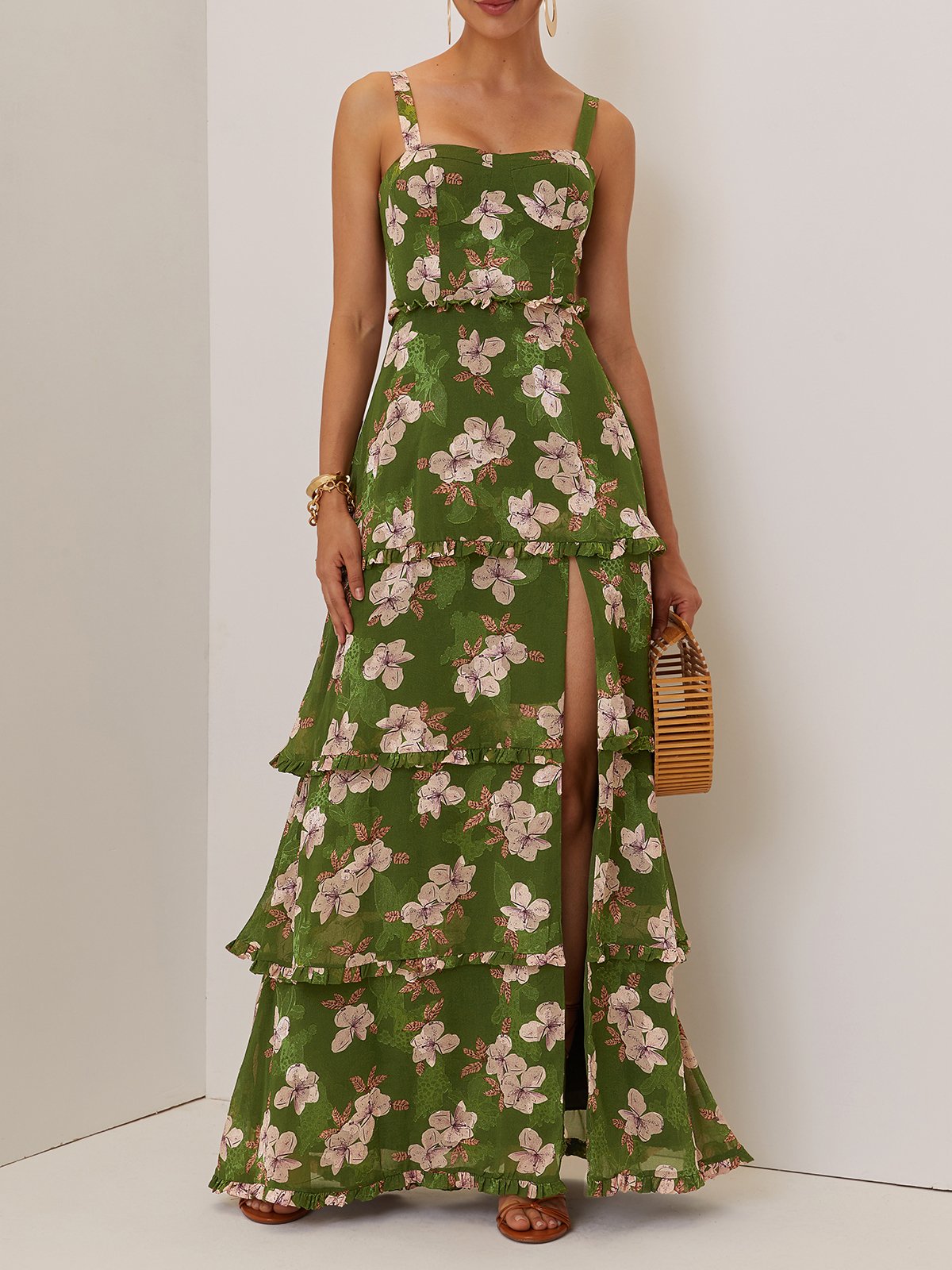 Green Jacquard Classic Spaghetti Chiffon Floral Sleeveless A-Line Maxi Dress