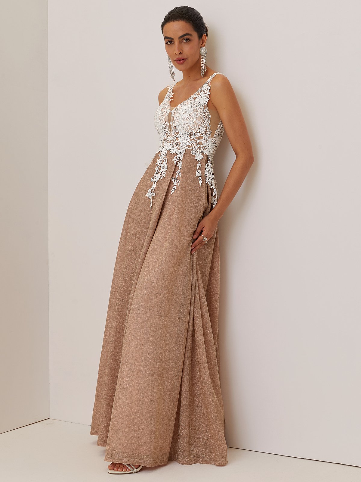 Apricot Lace Pleated Prom Dress V Neck Sleeveless A-Line Maxi Dress