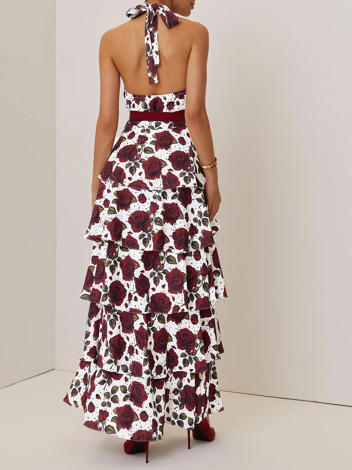 Wine Red Floral Peplum Classic Halter Sleeveless A-Line Maxi Dress