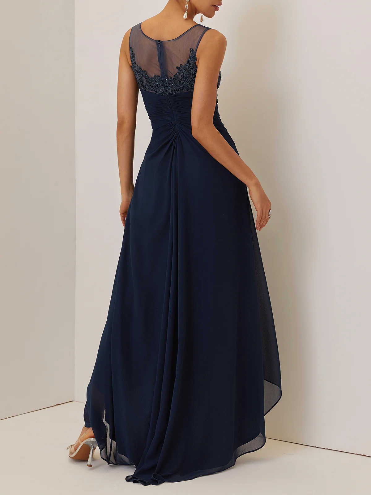 Purplish blue Lace Rhinestone Prom Dress V Neck Sleeveless A-Line Maxi Dress