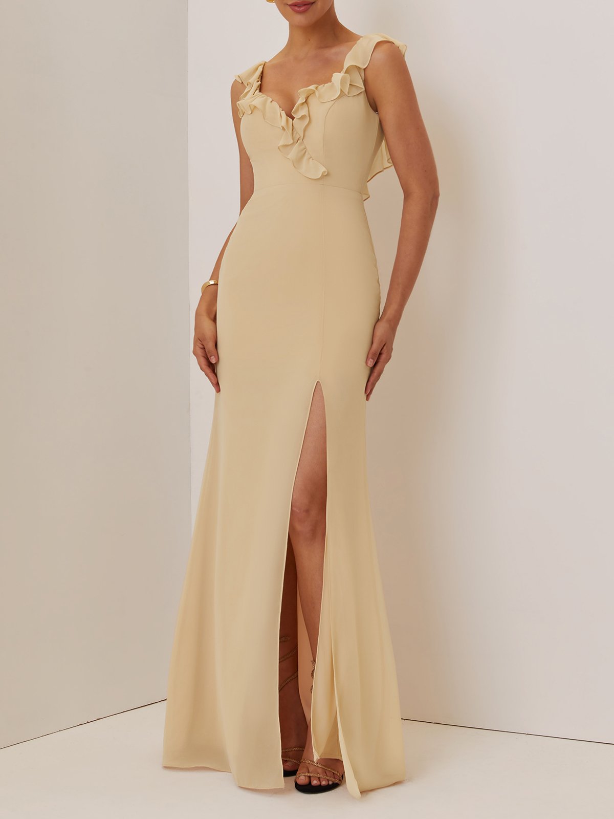 Apricot Ruffled Prom Dress Lotus Leaf Collar Sleeveless Mermaid Maxi Bridesmaid Dress