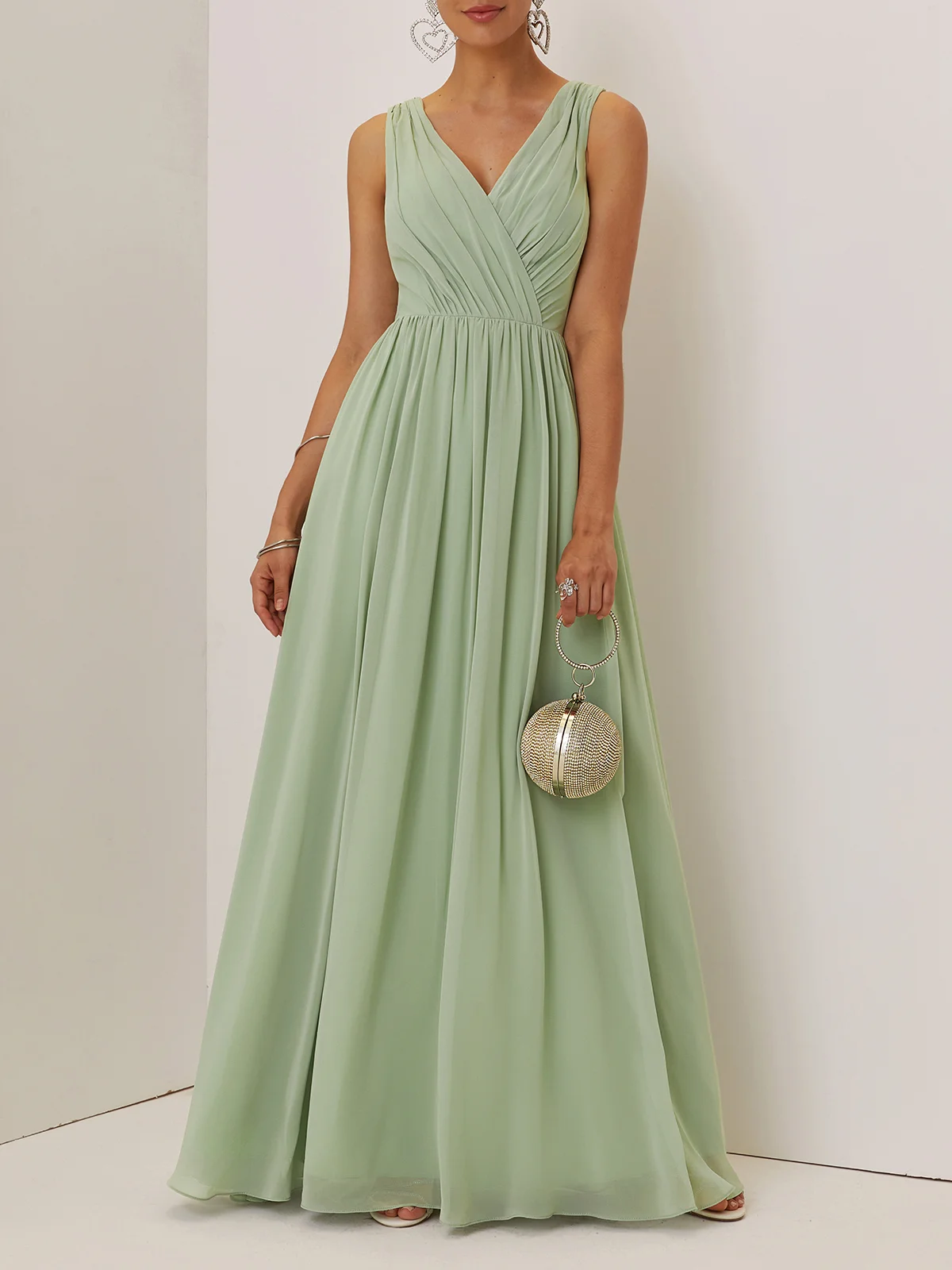 Lightgreen Lace Ruched Chiffon V Neck Sleeveless A-Line Maxi Dress