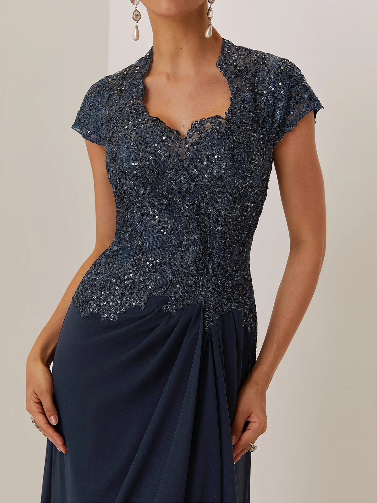 Purplish blue Lace Prom Dress Sweetheart Neckline Short Sleeve Off Shoulder Sleeve A-Line Maxi Dress