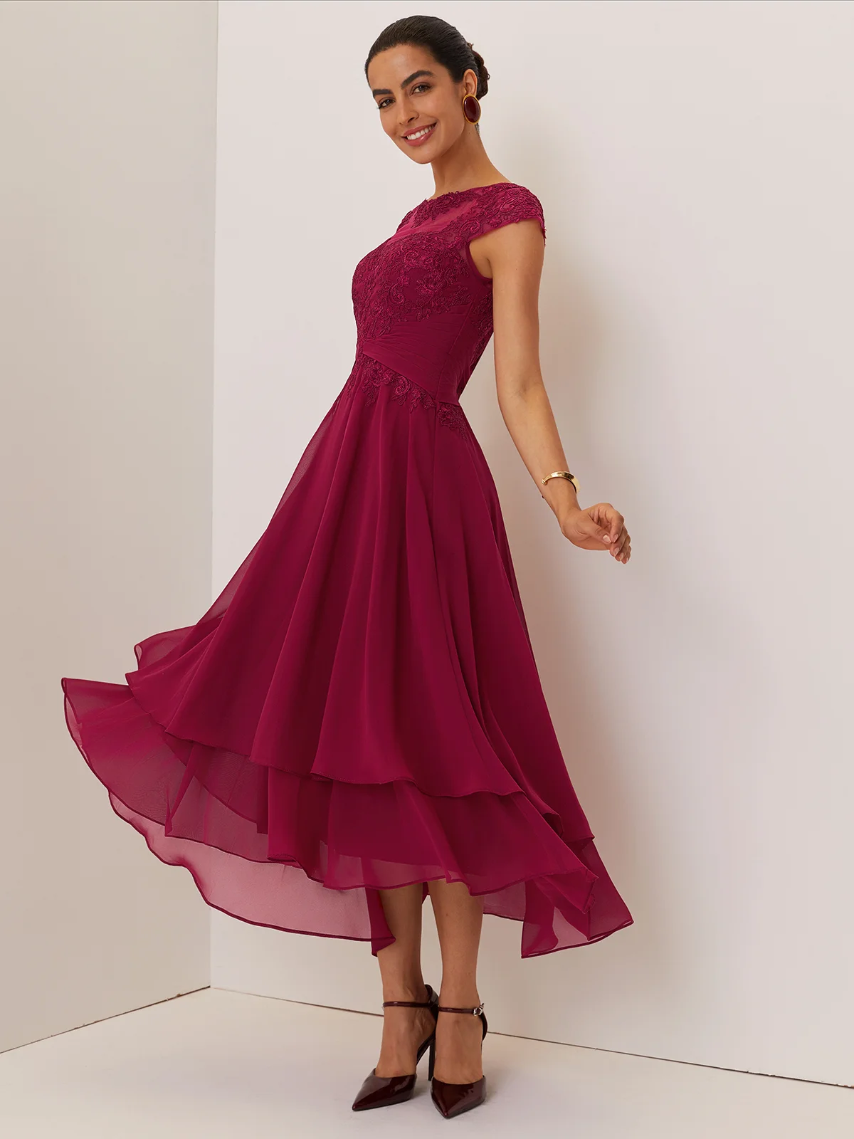 Red Lace Lace Chiffon Crew Neck Cap Sleeve A-Line Maxi Dress