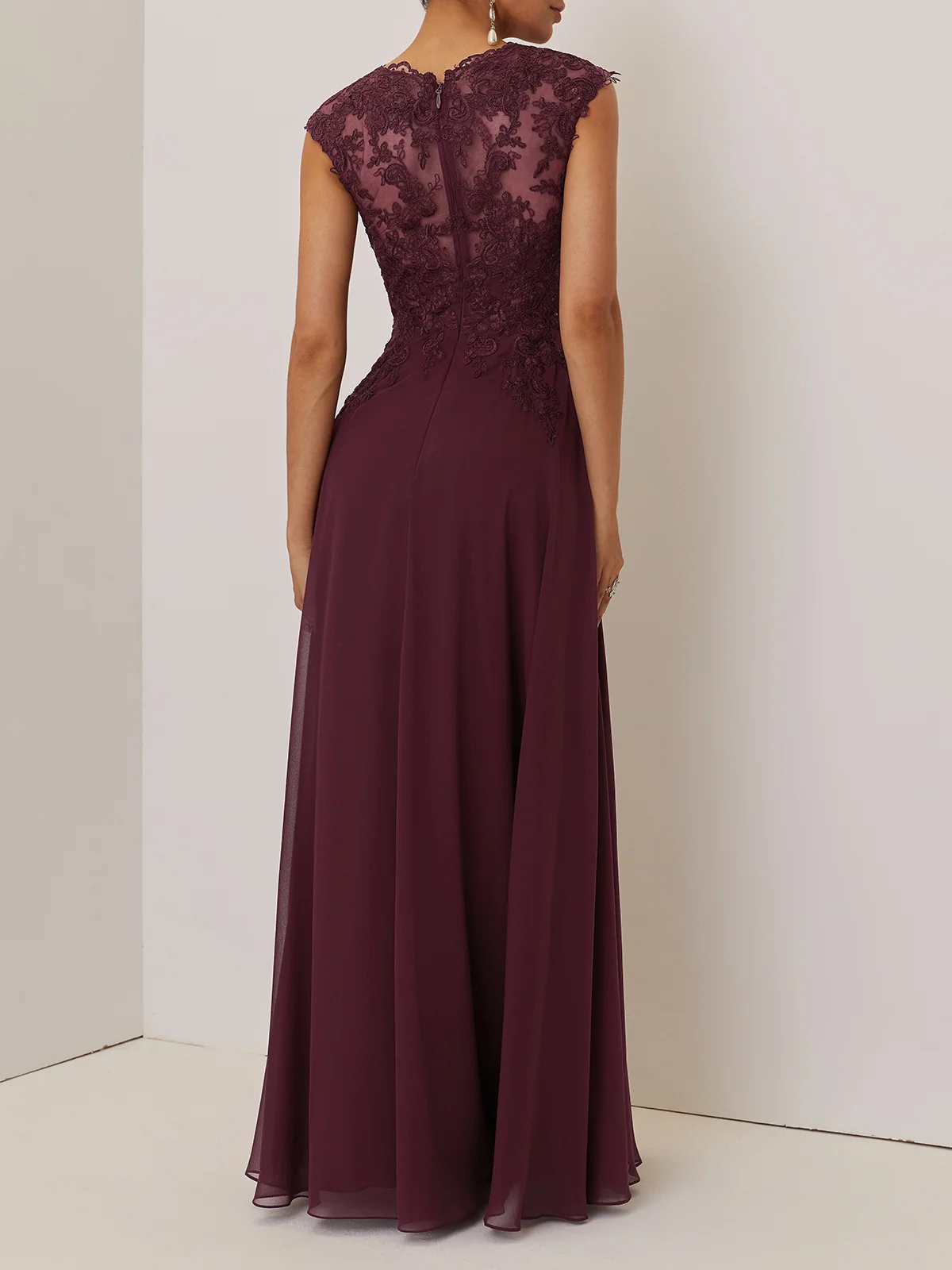 Wine Red Lace Chiffon Crew Neck Cap Sleeve A-Line Maxi Dress