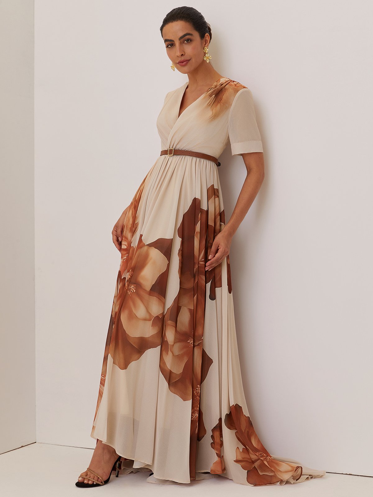 Beige Floral Ruched Chiffon V Neck Short Sleeve A-Line Gown Dress