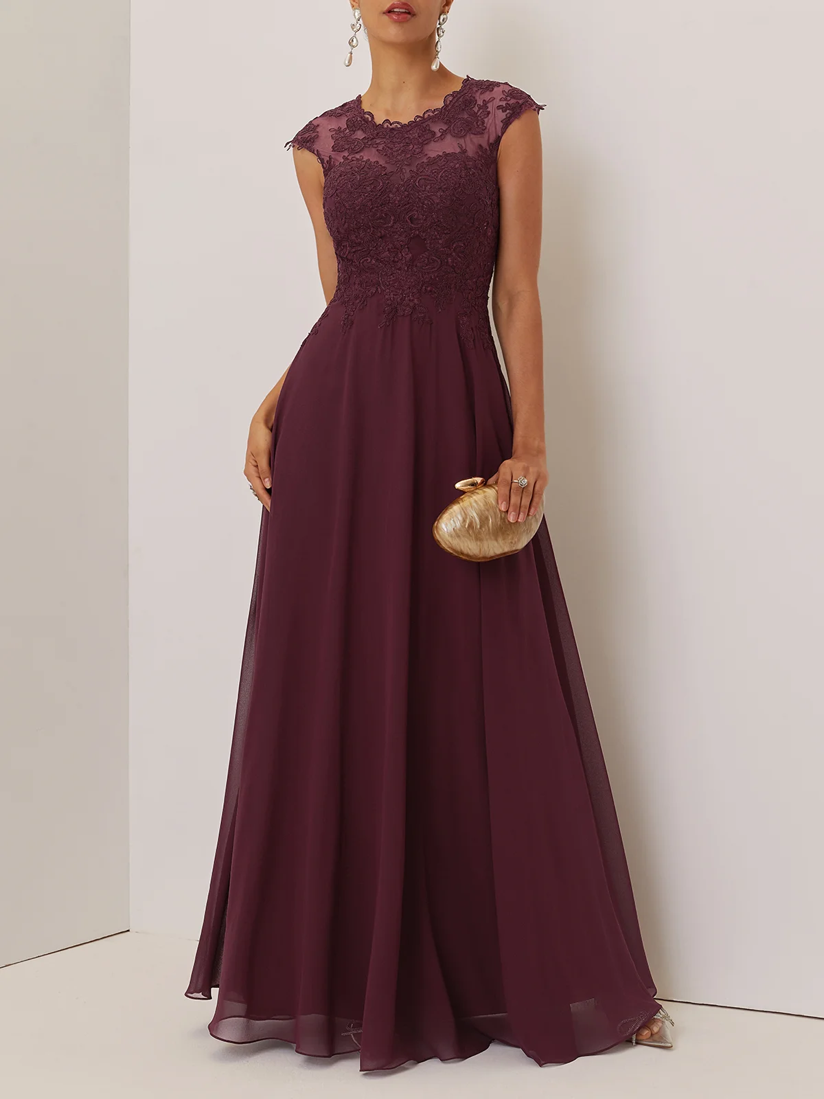 Wine Red Lace Chiffon Crew Neck Cap Sleeve A-Line Maxi Dress