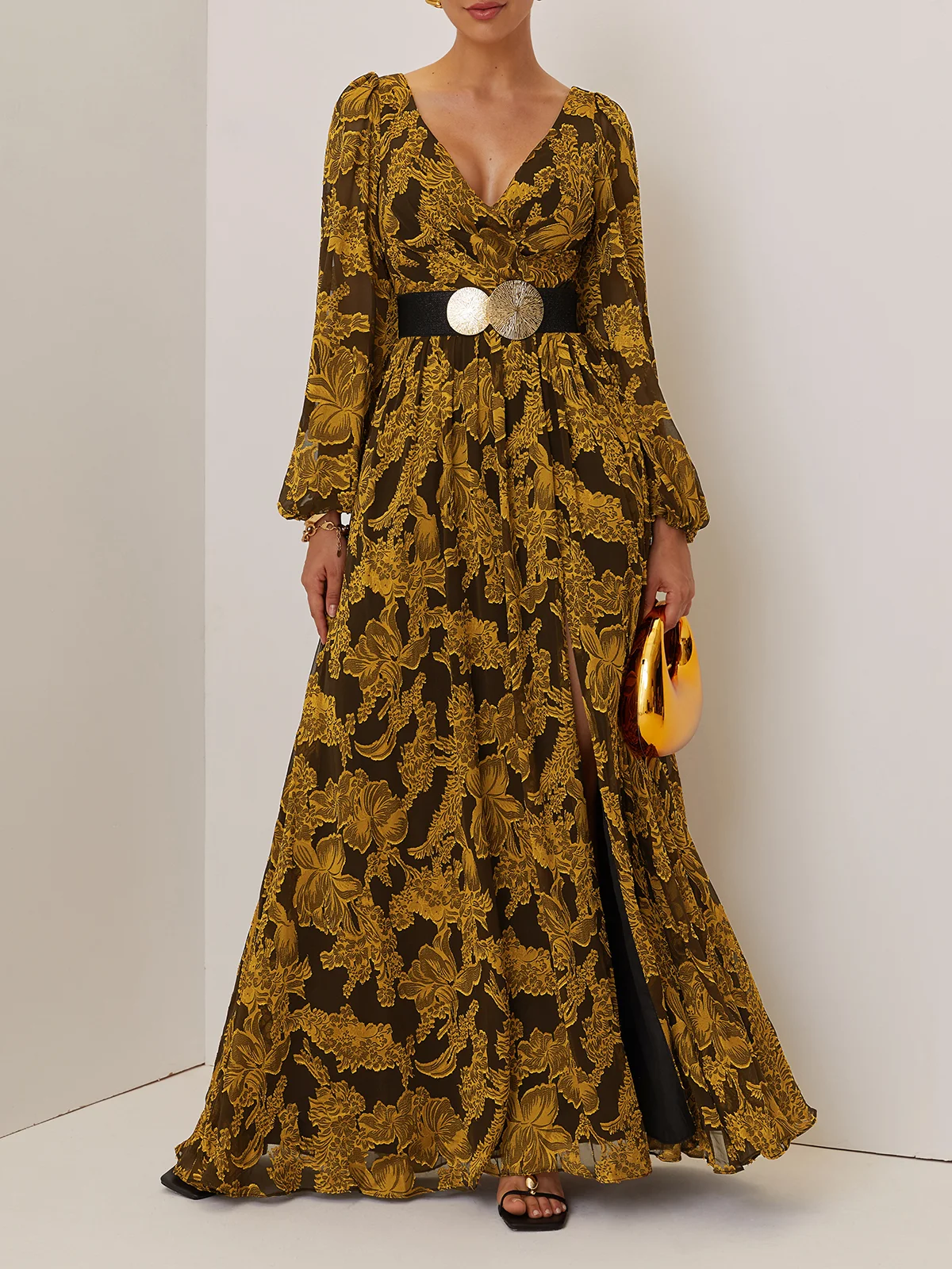 Golden Slit Floral Chiffon V Neck Long Sleeve Balloon Sleeve A-Line Gown Dress