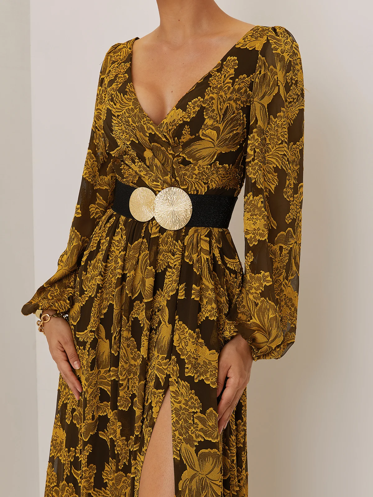 Golden Slit Floral Chiffon V Neck Long Sleeve Balloon Sleeve A-Line Gown Dress