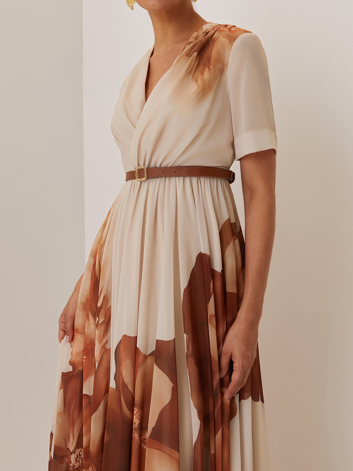 Beige Floral Ruched Chiffon V Neck Short Sleeve A-Line Gown Dress