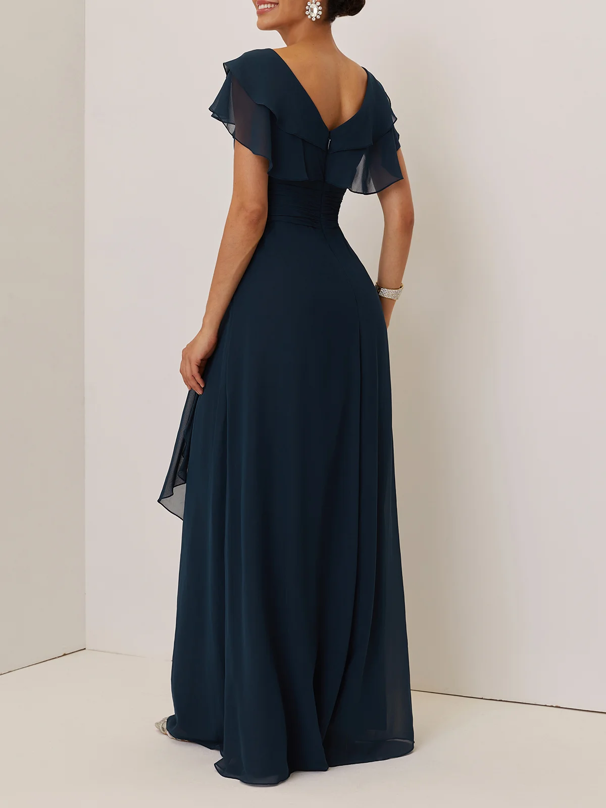 Purplish blue Ruffled Rhinestones Chiffon V Neck Short Sleeve A-Line Maxi Mother of the Bride or Groom Dress