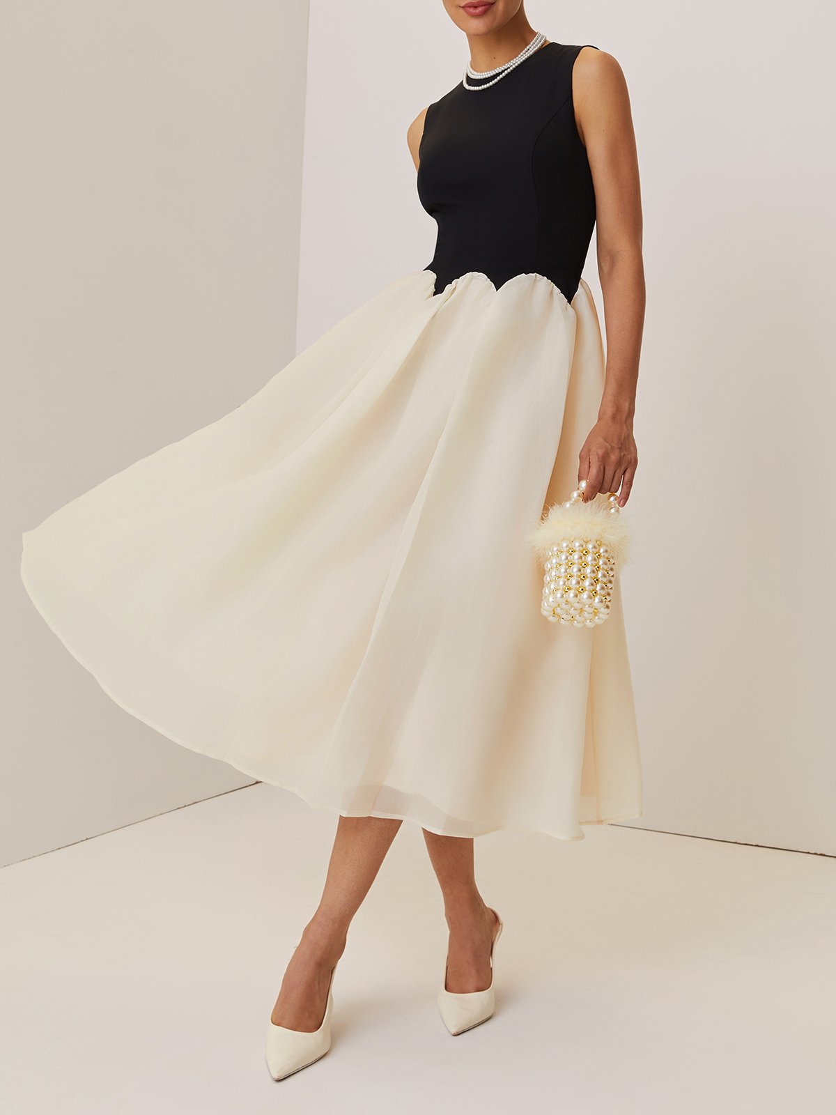 Black Split Joint Classic Crew Neck Sleeveless A-Line Midi Dress