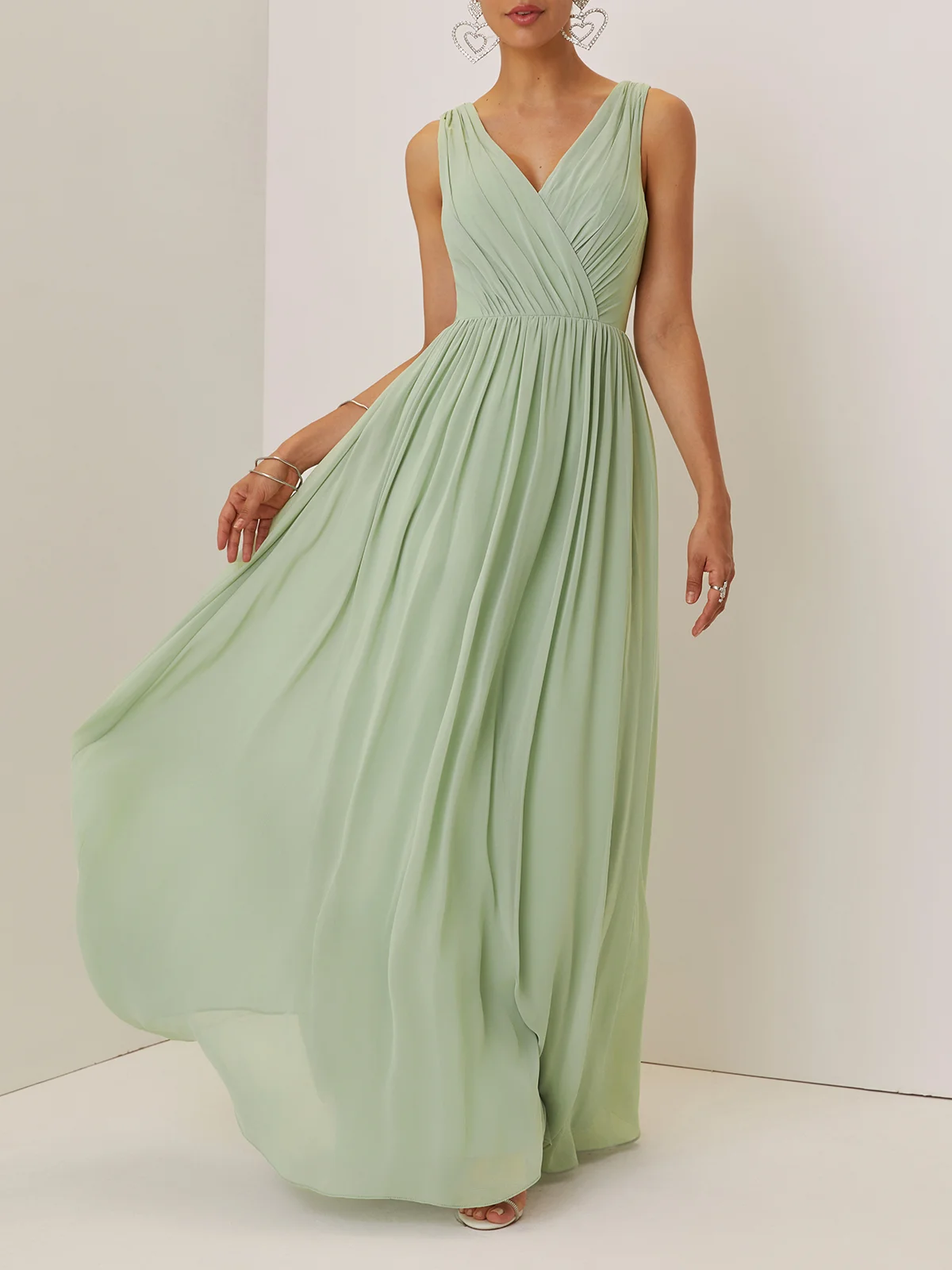 Lightgreen Lace Ruched Chiffon V Neck Sleeveless A-Line Maxi Dress