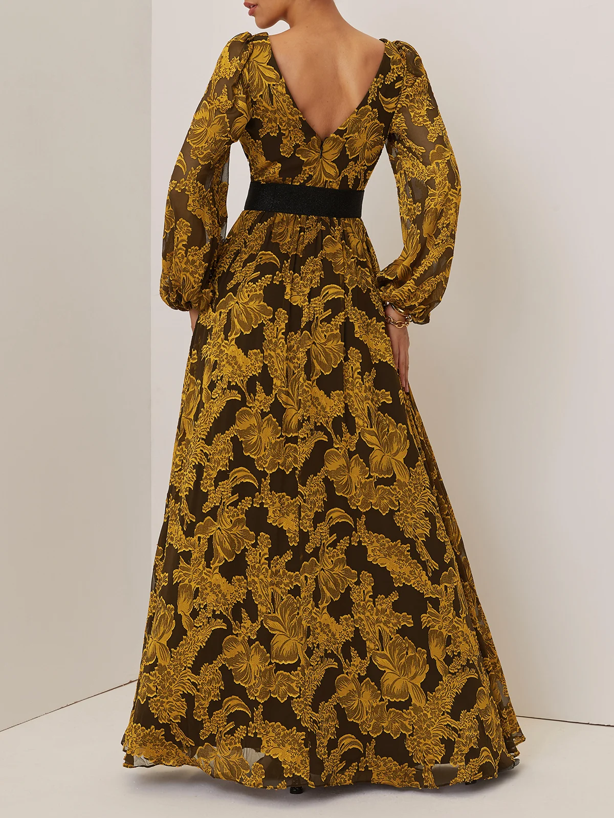 Golden Slit Floral Chiffon V Neck Long Sleeve Balloon Sleeve A-Line Gown Dress
