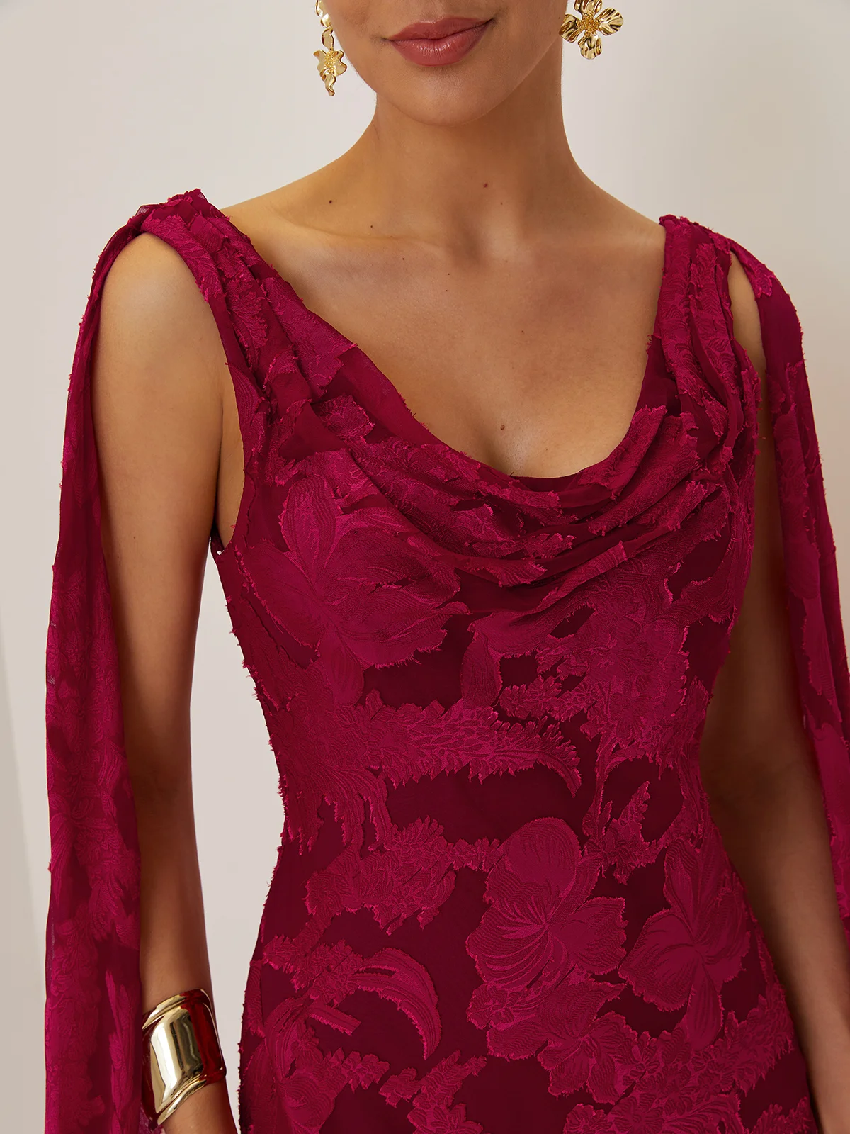 Red Classic Chiffon Floral Cowl Neck Extra-long Sleeve Sheath Midi Dress